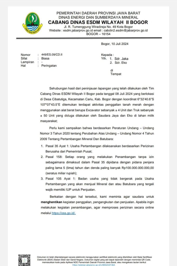 Galian C Cibatutiga Kecamatan Cariu masih Tetap Operasi Indahkan Surat Peringatan ESDM