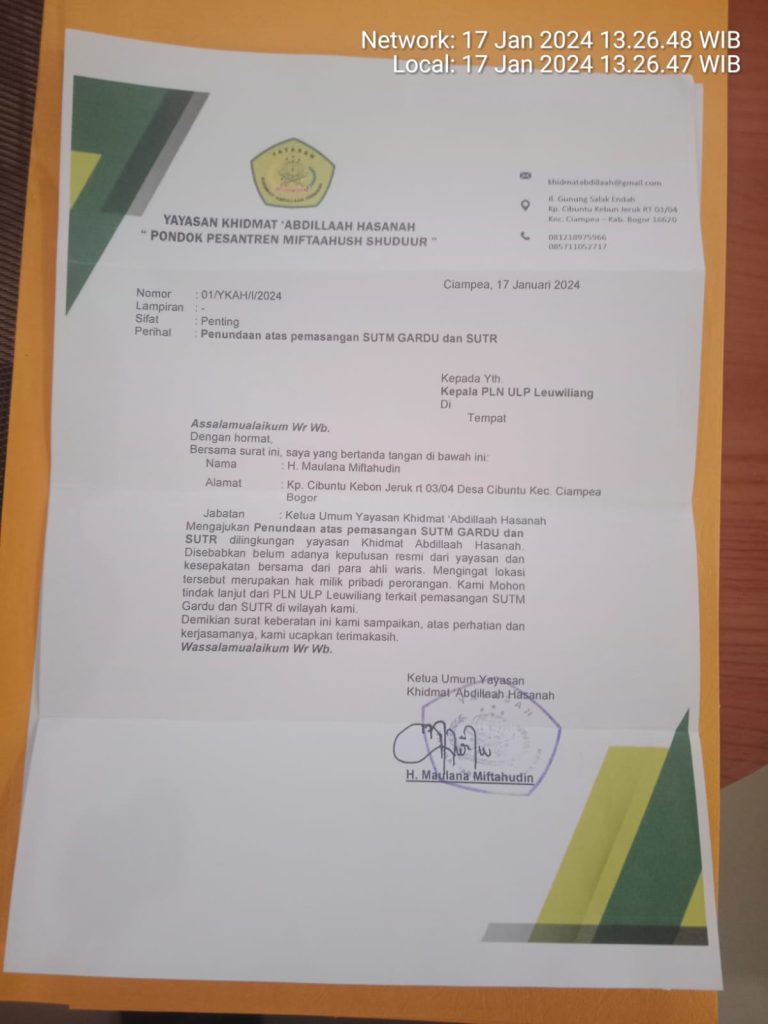 Kepala PLN ULP Leuwiliang Abaikan Surat Permohonan Penundaan Pemasangan Tiang Listrik dari Ahli Waris